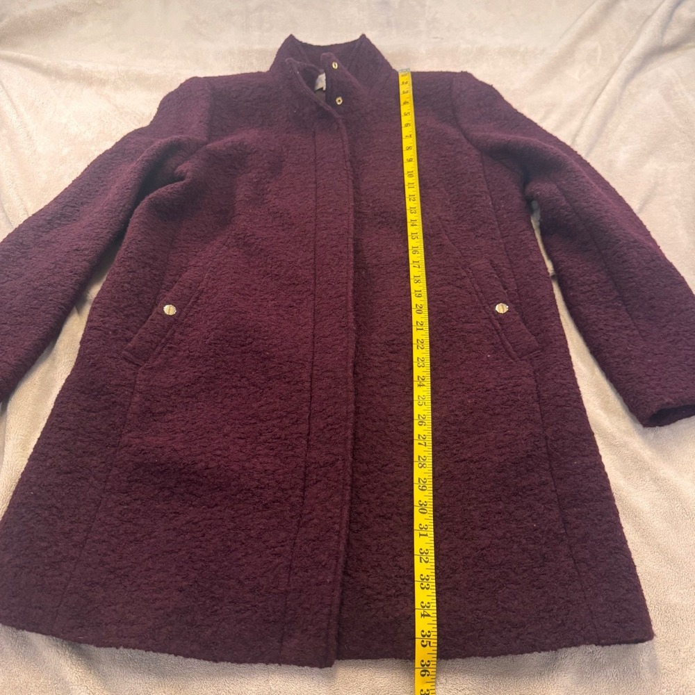 LOFT Burgundy Boucle Long Coat Gold Hardware Funnel Neck Fall Jacket SZ L - Picture 6 of 14